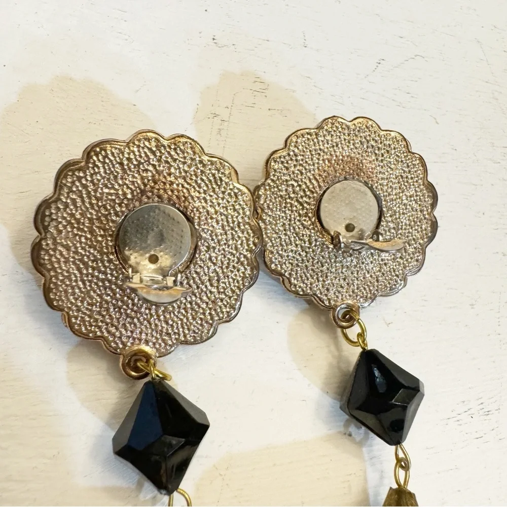 Long Black Gold Dangle Drop Clip On Earrings Statement Vintage Plastic Acrylic